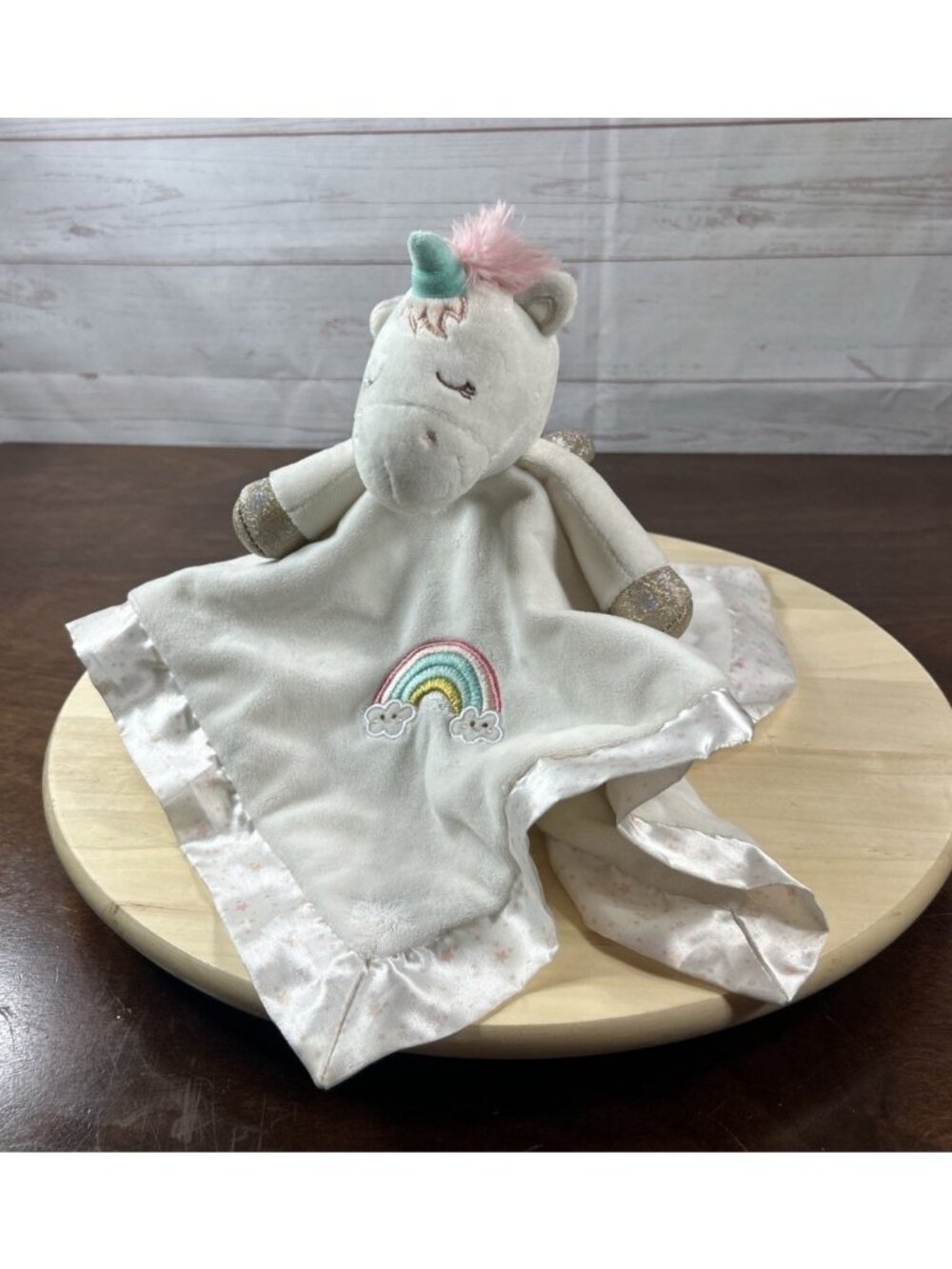 Douglas Baby Unicorn Security Blanket Lovey White W/ pink Velour Satin Trim 14”